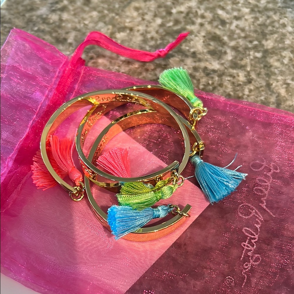 Lily Pulitzer Gold Bangle Bracelet with Multicolor Tassels. 3 Count.